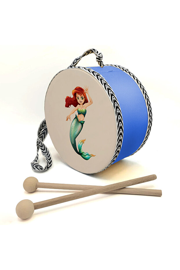 Mermaid Printed Leather Children's Drum - Blue 17cm | Blue Drum | Dg-Deniz_Kizi