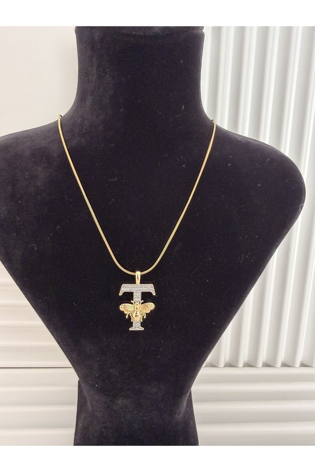 Zircon Stone, Gold Color, Bee Detail, Stylish Design Steel Letter Necklace