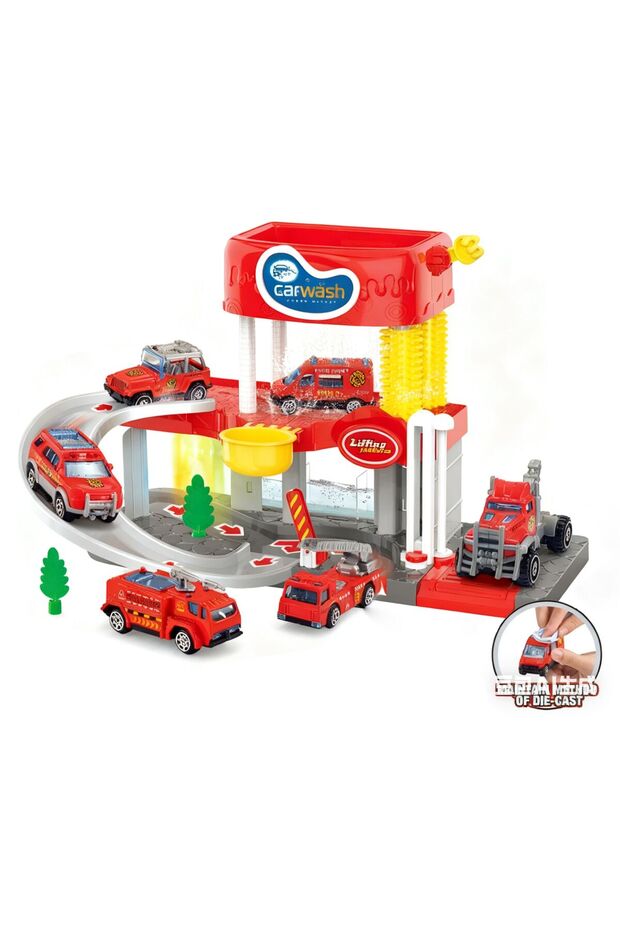 Fire Truck Car Wash Playset For Kids 1 Layer Sliding Track With Light