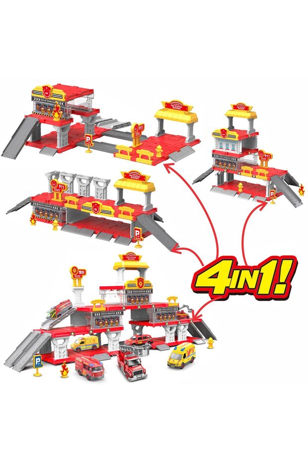 Fire Department 4 In 1 Parking Building Playset For Kids Multi Level Fire Station With Sliding Ramps