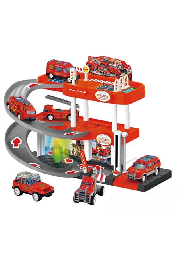 Fire Rescue Parking Garage Playset for Kids 2 Layer Sliding Track with Lights & Sound