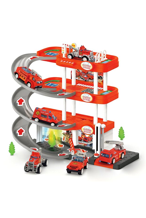 Fire Rescue Parking Garage Playset for Kids 3 Layer Sliding Track with Lights & Sound