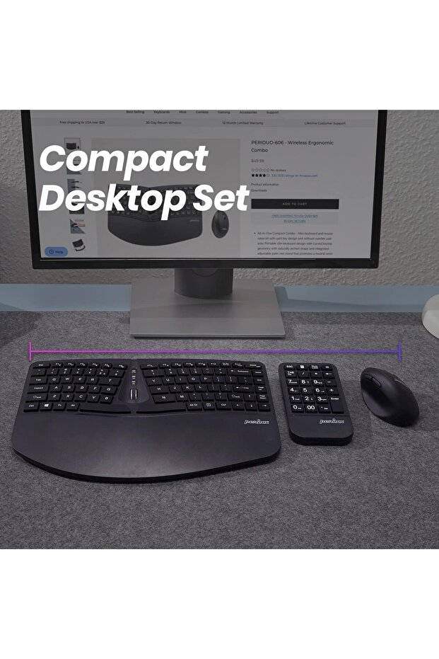 PERIDUO-606A 3-in-1 Wireless Compact Ergonomic Keyboard with Vertical Mouse & Numeric Keypad - 8