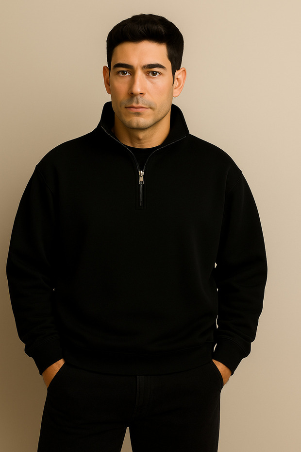 Men's Mock Neck Half Zipper Sweatshirt 3 Thread Thick Relaxed Fit Sweatshirt