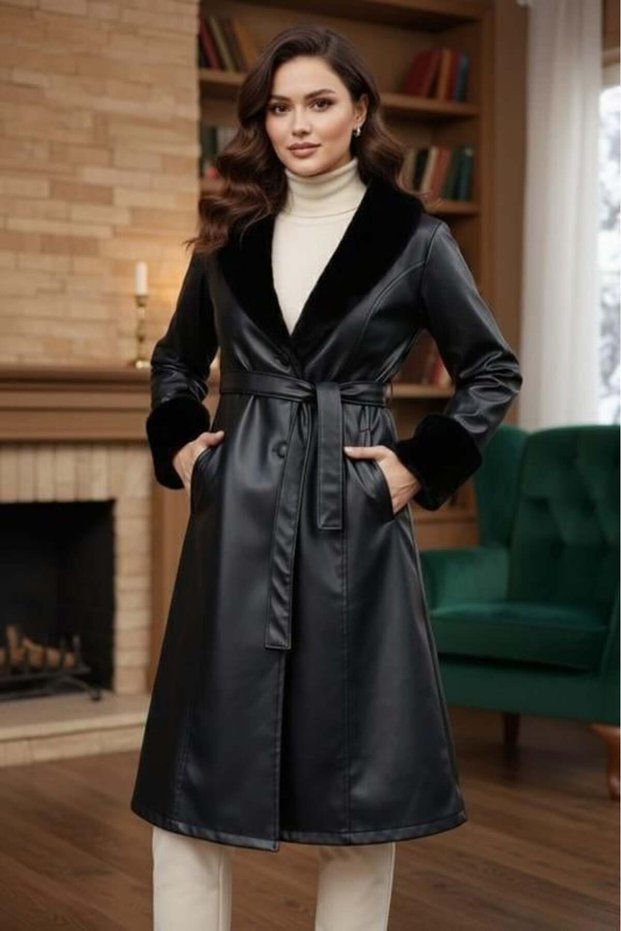 Women's Fur Collar Belted Lined Leather Black Trench Coat