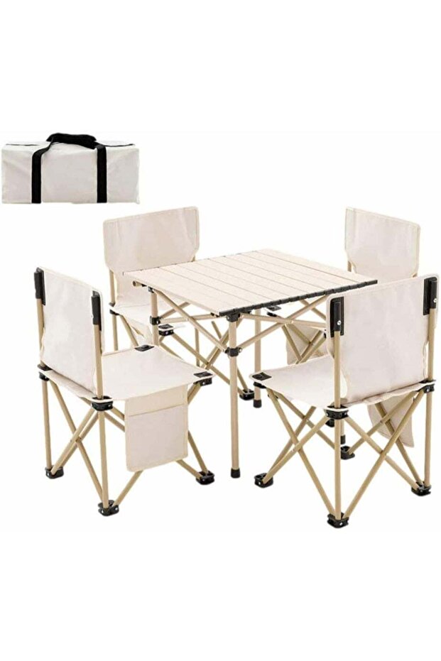 Portable Folding Camping Table and Chair Set (Beige)