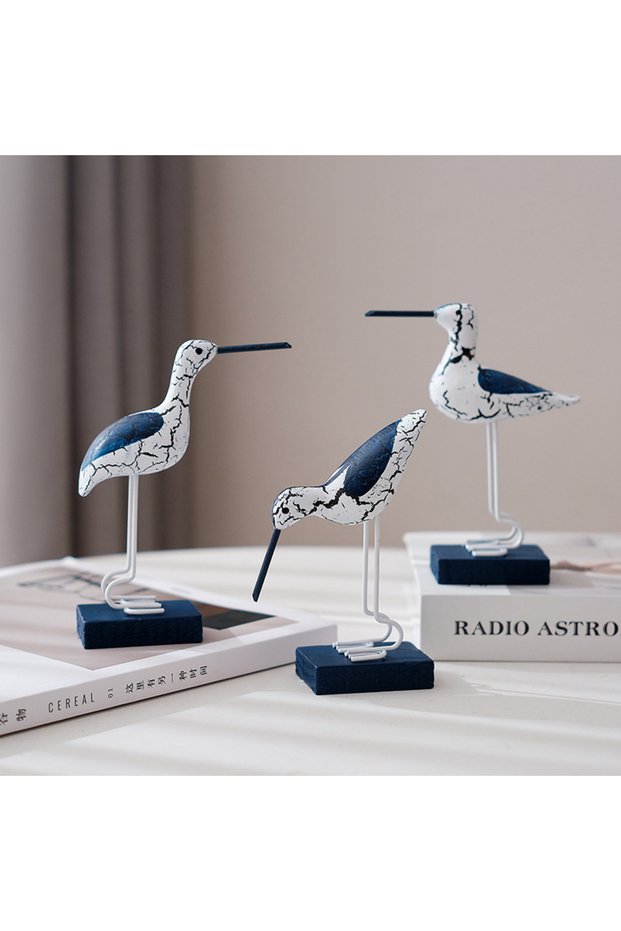 Coastal Wooden Bird Figurines for Beach House, Living Room, Office & Tabletop Decoration (Set of 3)