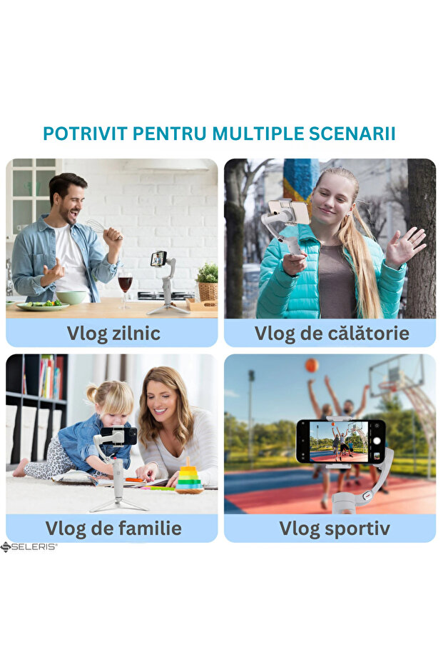 3-axis Stabilizer, Gimbal and Free Strap, SELERIS®, (IOS/Android), USB-C, Foldable, Tripod, Gray - 7