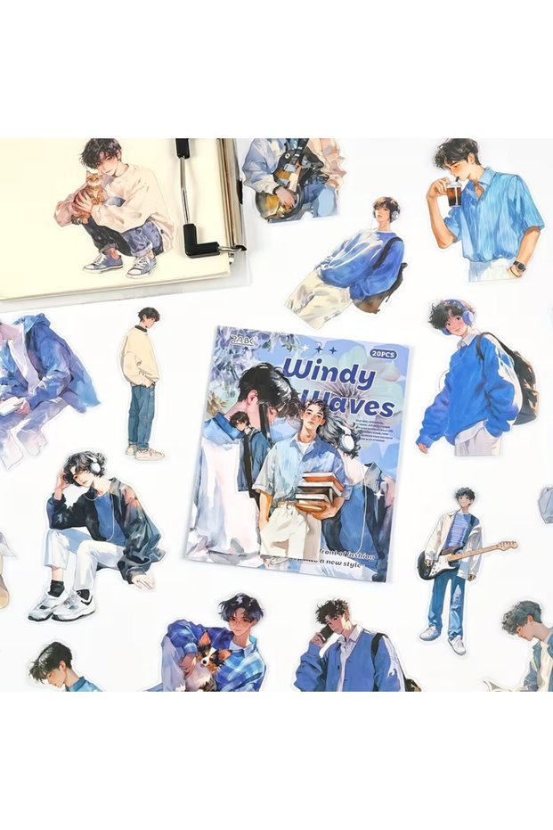 20Pcs Transparent Blue Korean Style Boy Anime Sticker Bullet Journal Scrapbook Agenda Laptop Daily