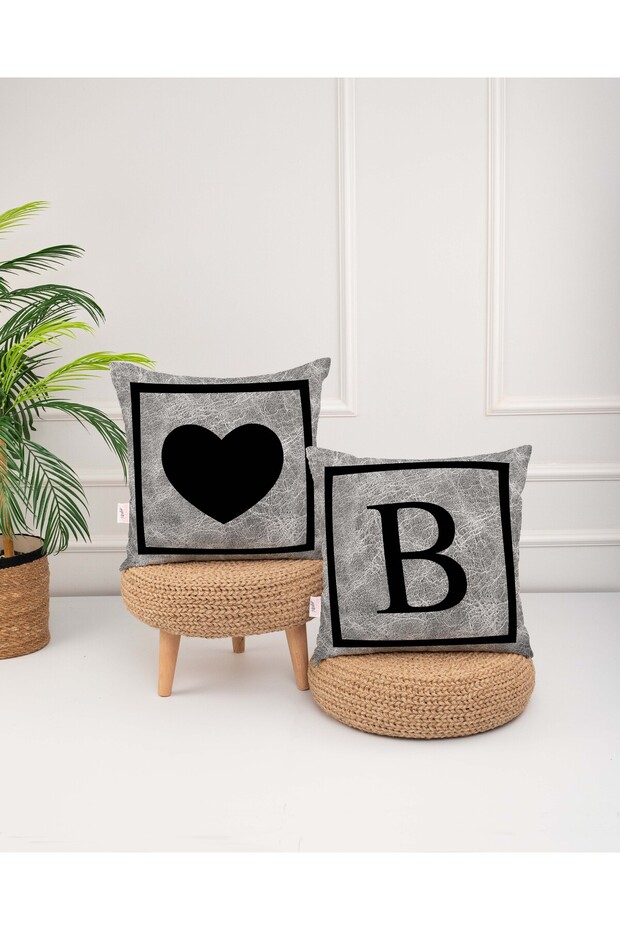Gray Colored Black Heart Letter B Digital Print Throw Pillow Case