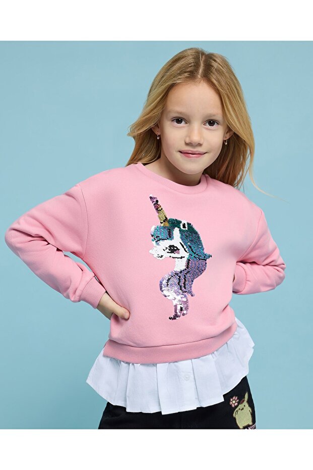 Sequined Unicorn Sweatshirt With Crew Neck And Long Sleeves