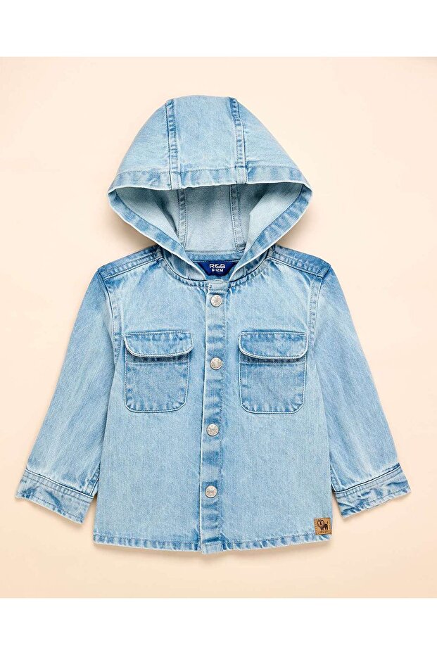 Washed Hooded Denim Shirt With Button Closure