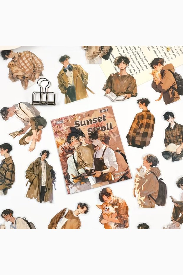 20Pcs Transparent Brown Korean Style Male Anime Sticker Bullet Journal Scrapbook Agenda Laptop