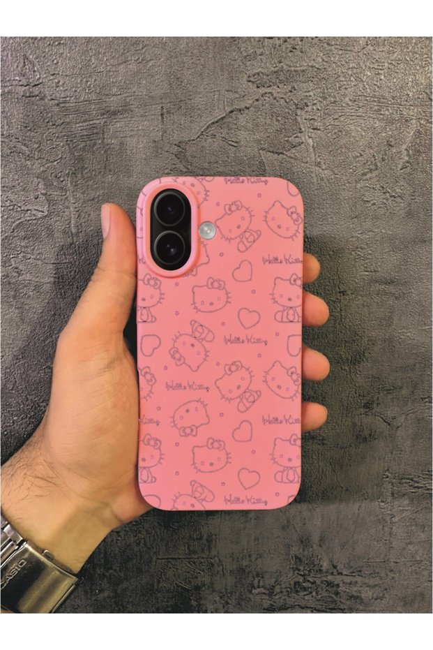 iPhone 16 Plus Compatible Hello Kitty Patterned Pink Case
