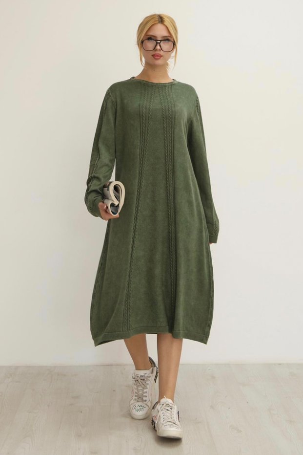 Women's Khaki Round Neck Patterned Pocketed Vintage Loose Cotton Knit Midi Dress
