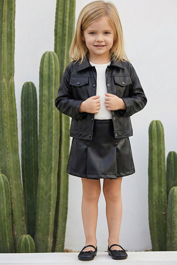 Girls' Suit Leather Shorts Skirt, Leather Jacket and Bodysuit 3-Piece Set 6-14