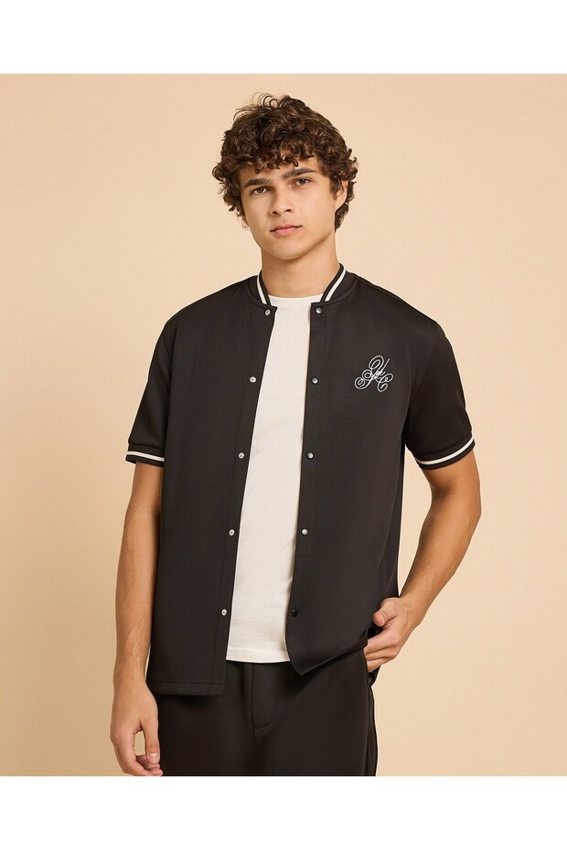 Embroidery Detail Shirt With Stand Collar And Short Sleeves