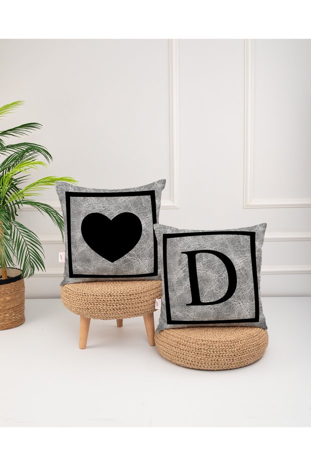 Gray Colored Black Heart Letter D Digital Print Throw Pillow Case