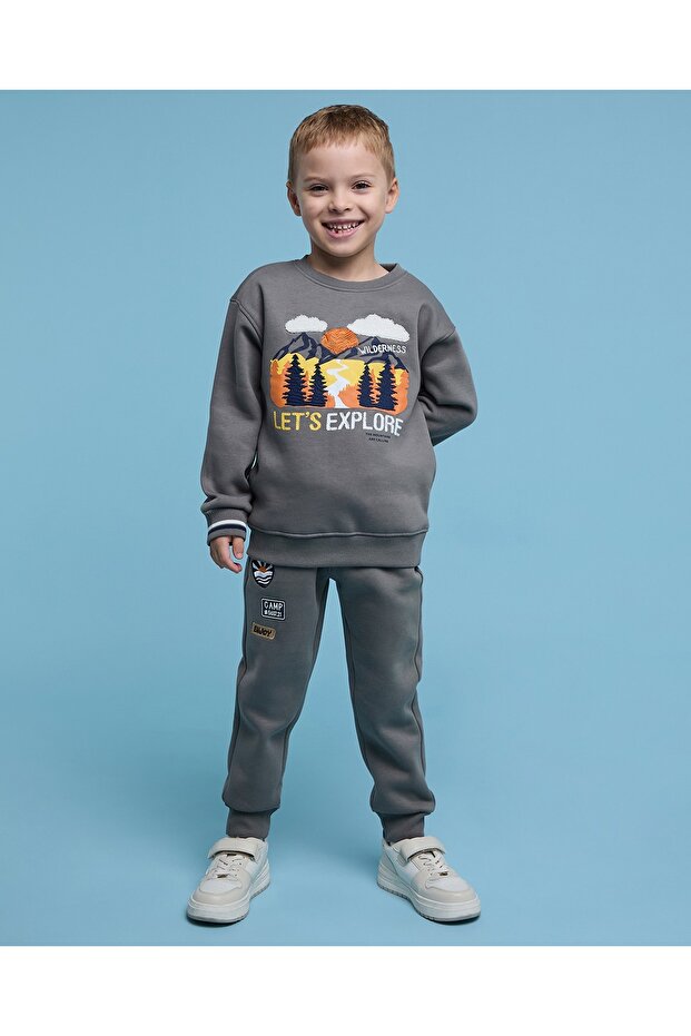 Grey Boy's Embroidered Sweatsuit Set