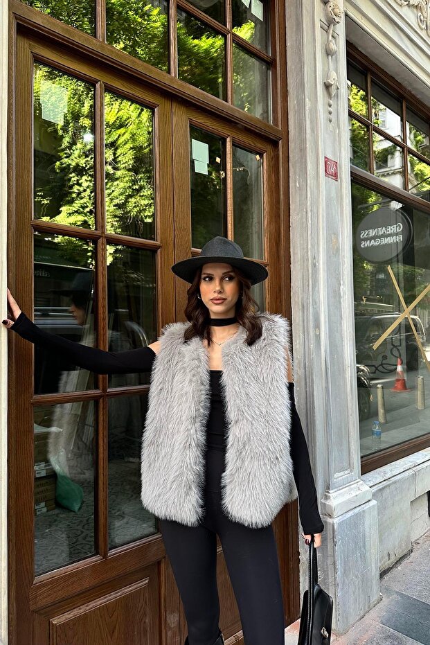 Women's grey fur Vest mlb107