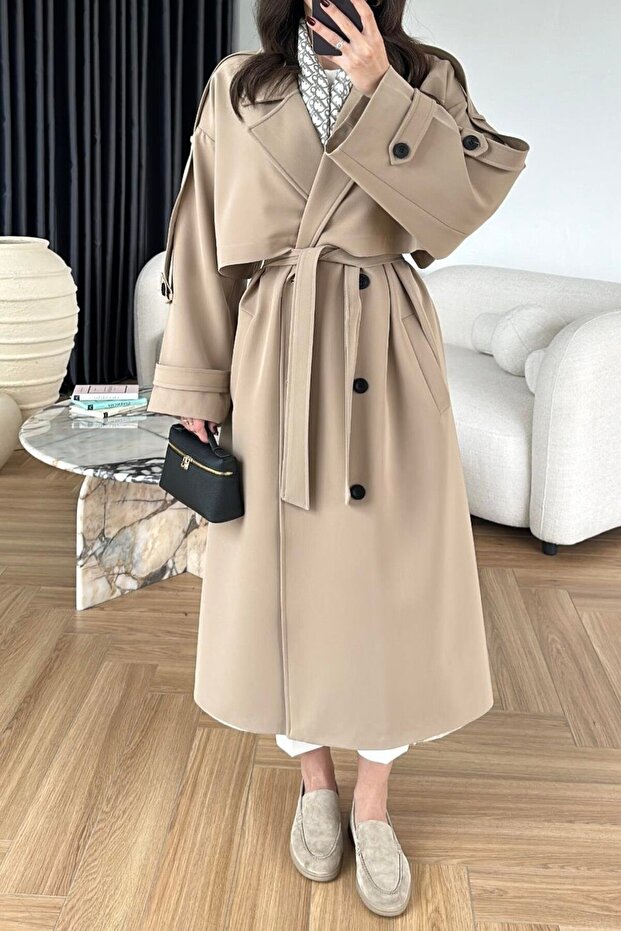 Camel Shoulder Long Apolleted Polyviscon Long Trench Coat 9476