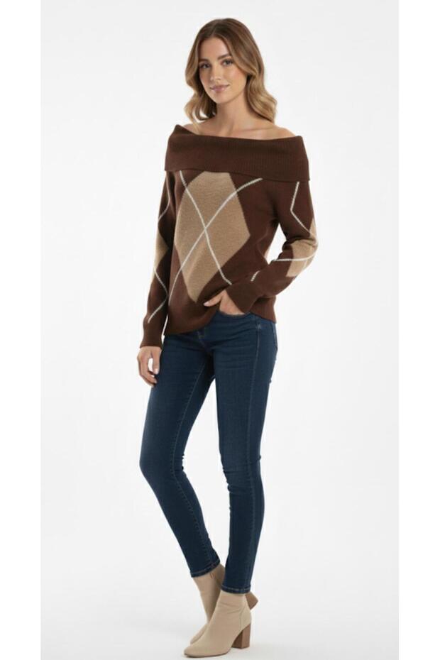 Women's Brown Beige Madonna Collar (Argyle) Argyle Pattern Open Shoulder Knitwear Sweater