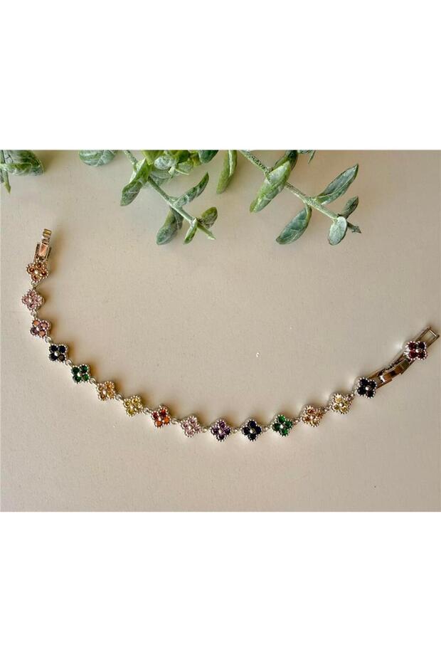 Silver Colored Stone Adjustable Clover Bracelet - 2