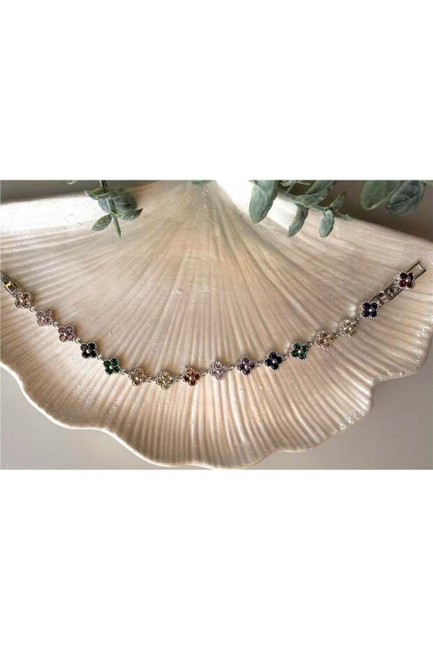 Silver Colored Stone Adjustable Clover Bracelet - 1