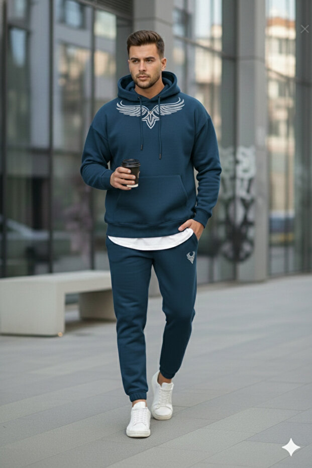 Oversized Hooded Cotton Men's Tracksuit Set | Fleece Casual Style Sweatshirt and Bottom Set