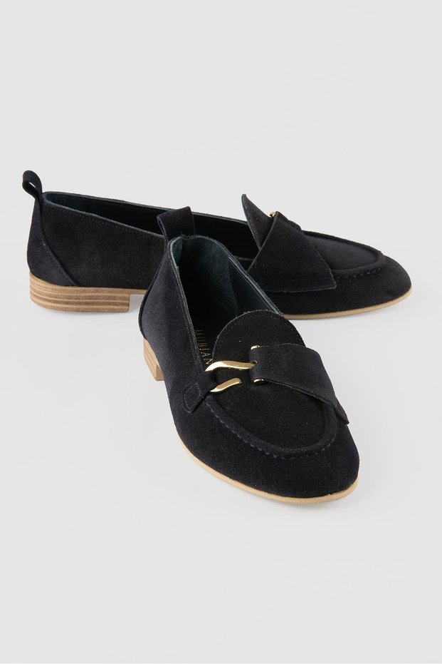 Women's Genuine Suede Leather Ballerinas with Gold Accessories, Navy Blue Demira