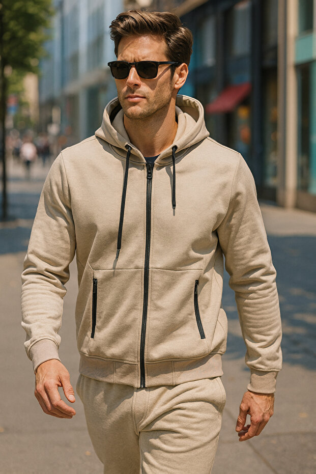 Men's Hooded Single Top Jacket Reu-25723 Beige