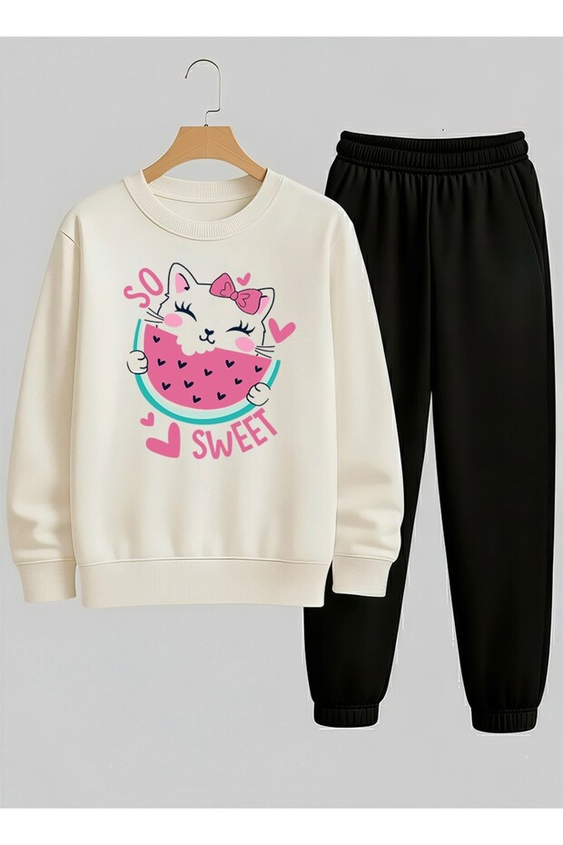 Girl's White Sweatshirt - Tracksuit Set Crew Neck Very Sweet Printed 3 Thread Raised
