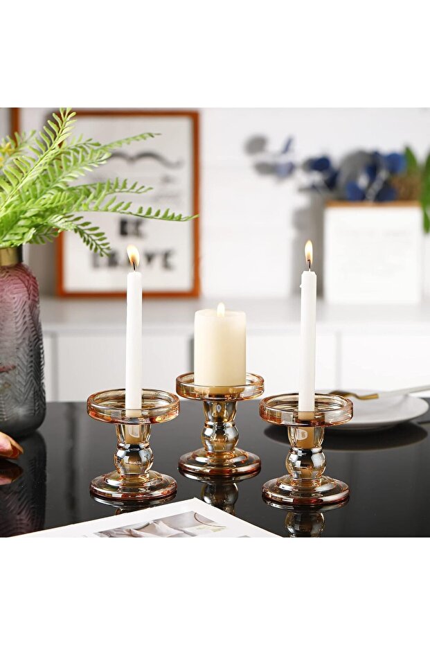 Glass Candle Holder Set of 3 for Pillar/Taper Candles (Gold)