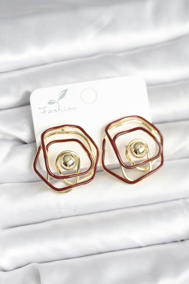 Brass Gold Color Burgundy Enamel Geometric Rose Model Women's Earrings