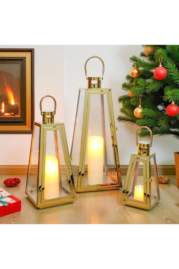 Set of 3 Stainless Steel Candle Lanterns (Gold Triangle) 54/40/27.5 cm