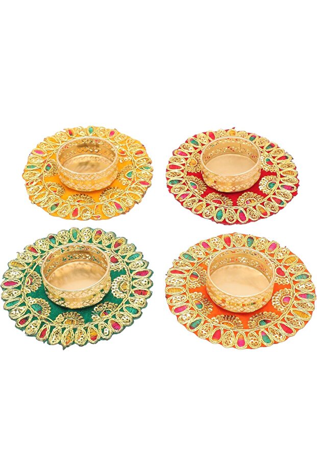 Set of 4 Velvet Rangoli Mats with Tea Light Candle Holders (4") - Red/Green/Orange/Yellow