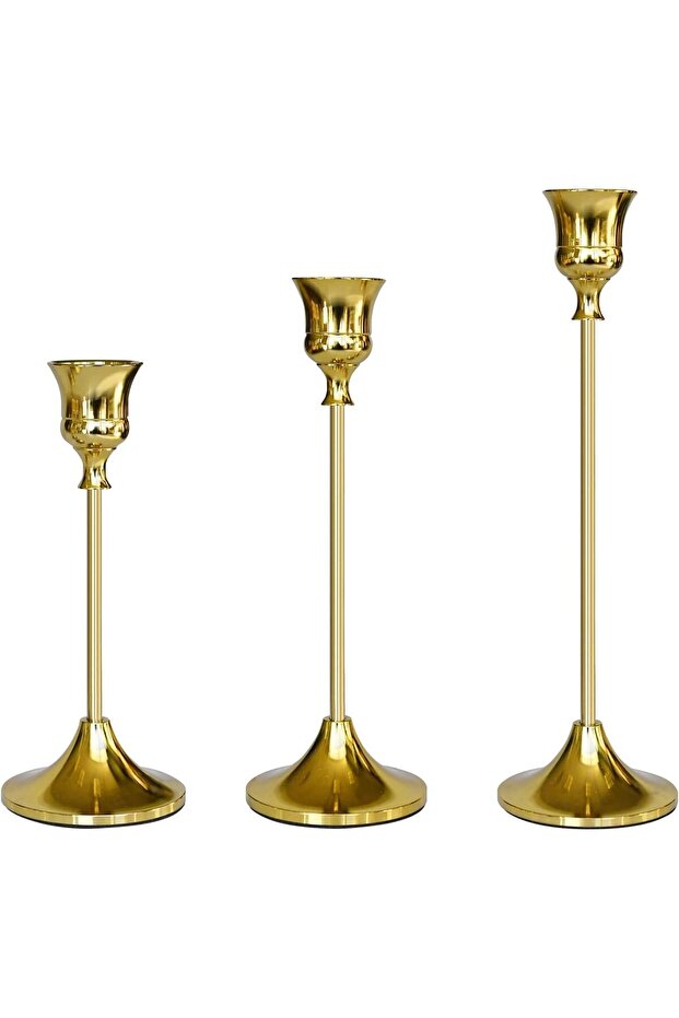 Set of 3 Brass Gold Candlestick Holders, Taper Candle Holders (Titanium Gold)