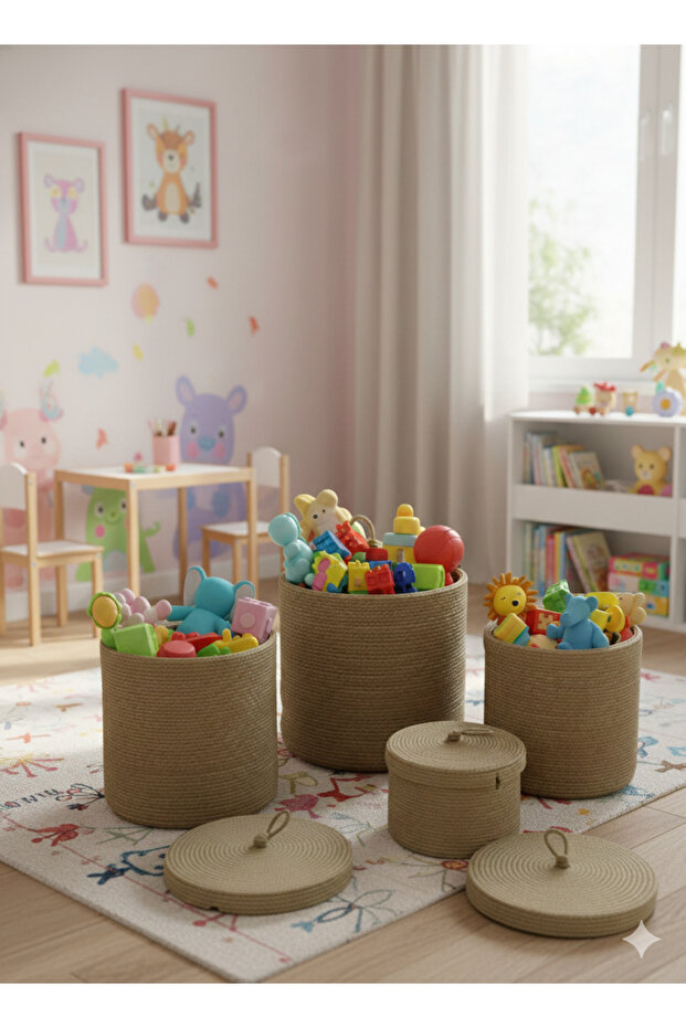 Set of 4 Jute Baskets with Lids - Dirty Laundry, Toy and Multi-Purpose Basket Set