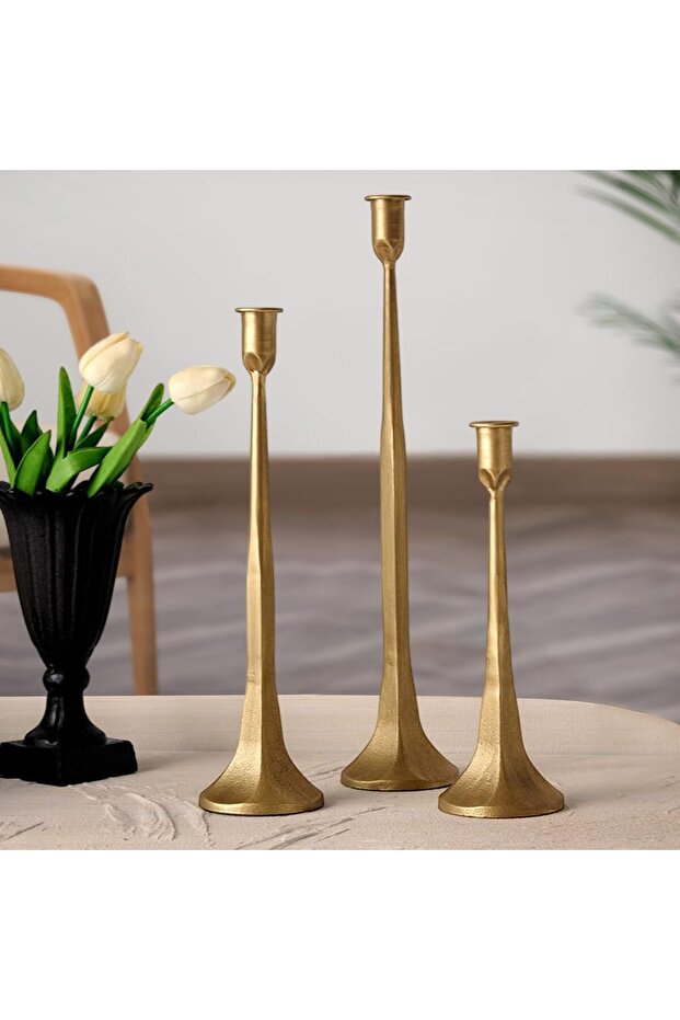 Candlestick Holder Iron Taper Set of 3, Gold Tall Taper Candle Holders