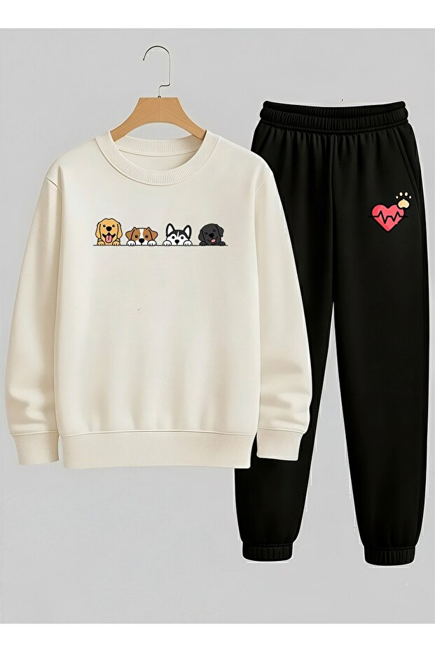 Unisex Children's White Sweatshirt - Tracksuit Set Crew Neck Sweet Dogs Printed 3 Thread Raised