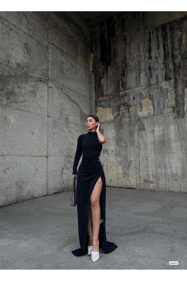 Mock Neck Slit Dress with Stone Details FLOWERS Evening Dress 583055 NAVY