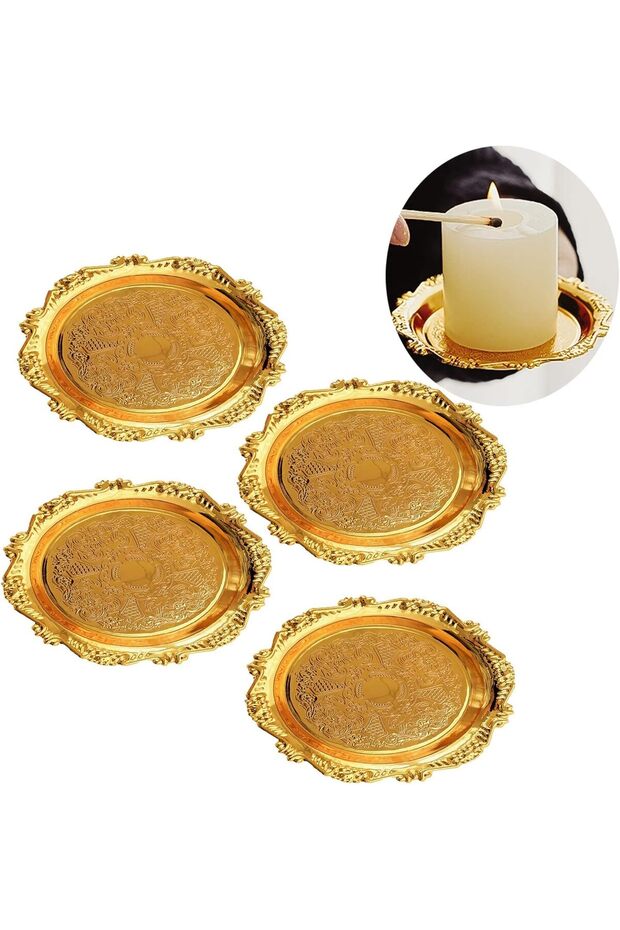 4 PCS Gold Tealight Holders Decorative Iron Candle Plates - 4.0" (Pack of 4)
