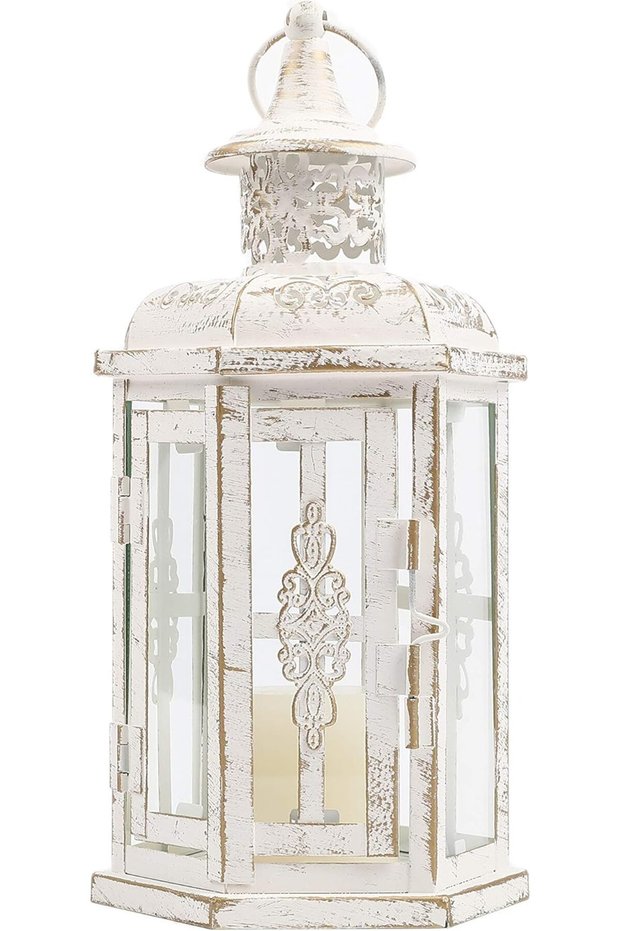 Vintage Decorative Candle Lantern 10-inch Hanging Metal Candle Holder (White with Gold Br