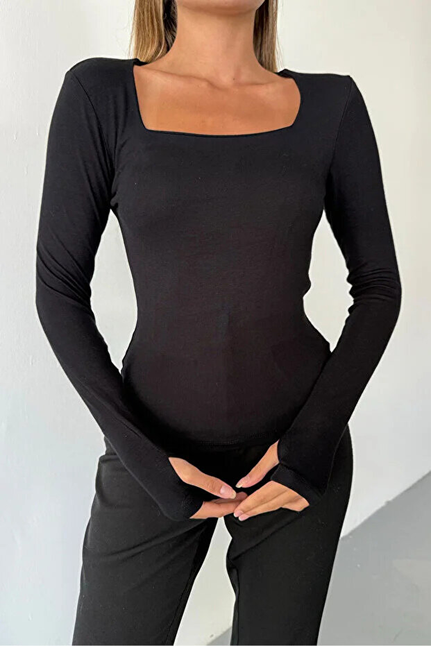 Black Square Neck Finger Detail Buzzy Fabric Slim Fit Body-Blouse