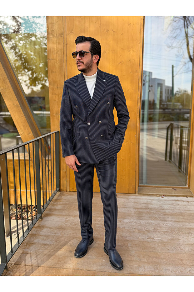 Italian Style Striped S Slim Fit K Double-Breasted Suit
