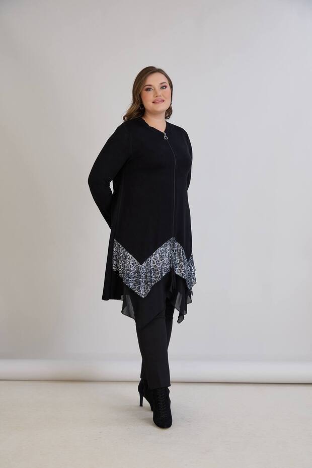 Women's Classic Cut Skirt Leather Detailed Zippered Plus Size Stylish Cardigan