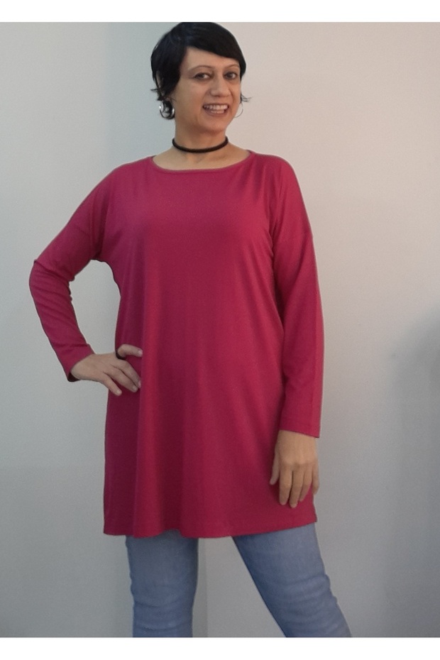 Close to Dark Pink, Full-Length Low-Sleeved Long-Sleeved Combed Viscose T-Shirt in a Vibrant Fuchsia Size