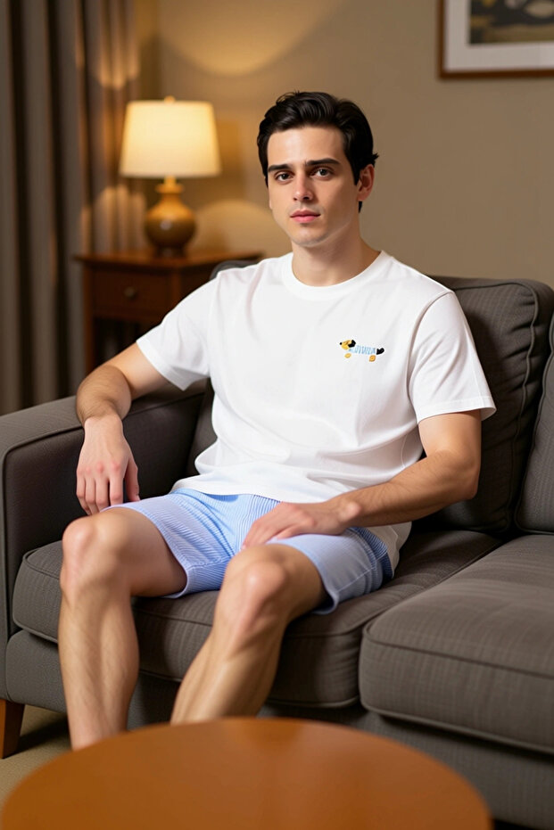 Men's Dog Embroidered Crew Neck Short Sleeve Pajama Set Functional Durable Quality Stylish