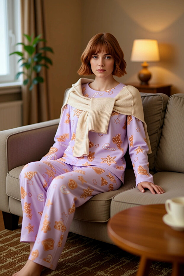 Women's Lilac Christmas Themed Cotton Pajama Set Functional Durable Quality Comfortable Stylish