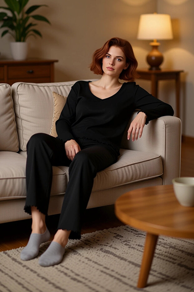 Women's V-Neck Corded Fabric Knitted Pajamas Set Functional Durable Quality Comfortable Aesthetic Stylish